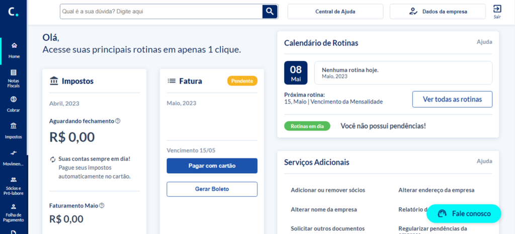 Tela Inicial Contabilizei contabilidade online