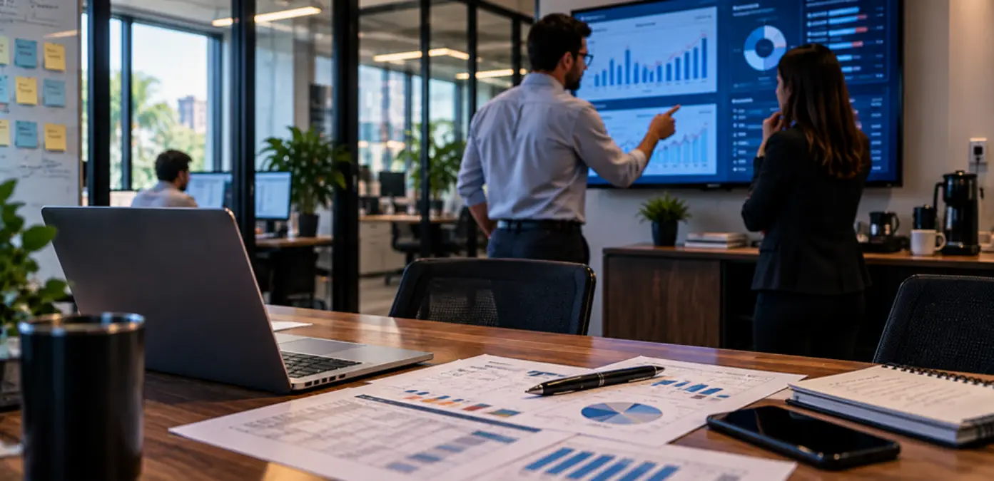 Gestores analisando indicadores financeiros e estratégias para reduzir gastos na empresa